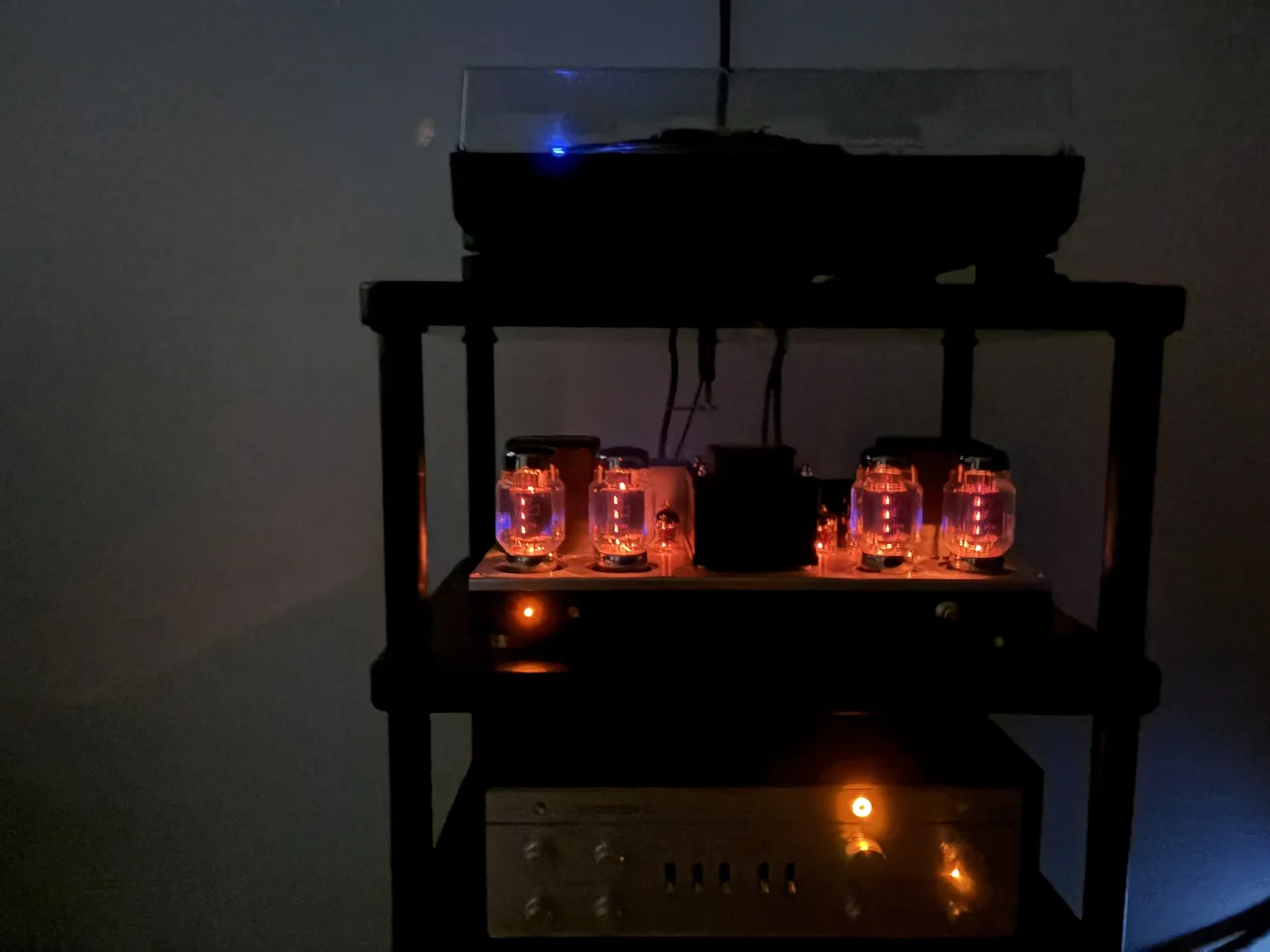 Tube amplifier glowing in the listening room